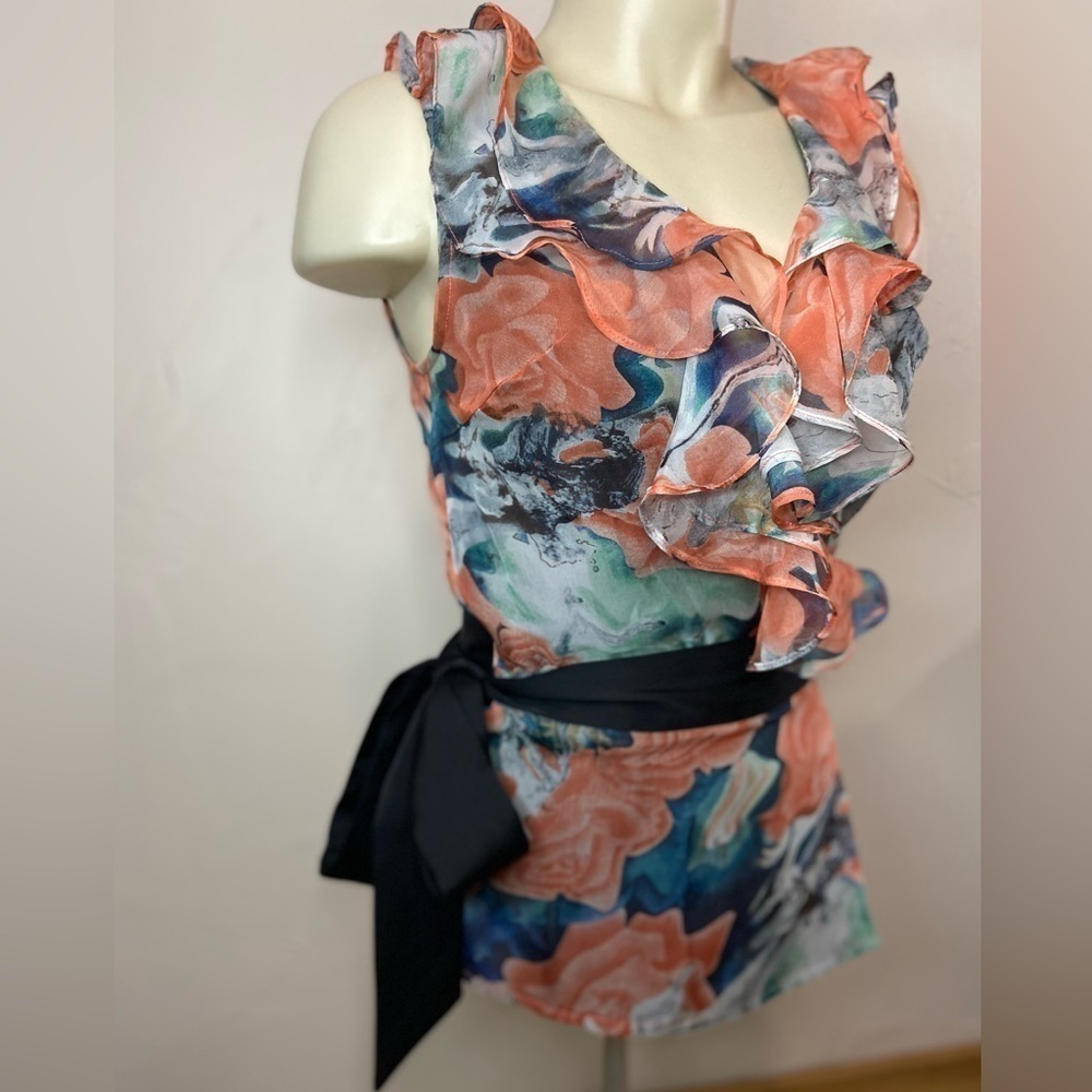 MM Couture By Miss Me~Vibrant Watercolor Wrap Top w/Black Tie~Ruffle Neck~Size S